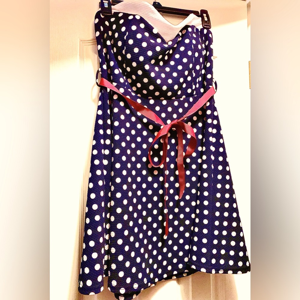 Navy Blue polka dot halter top dress with red ribbon belt